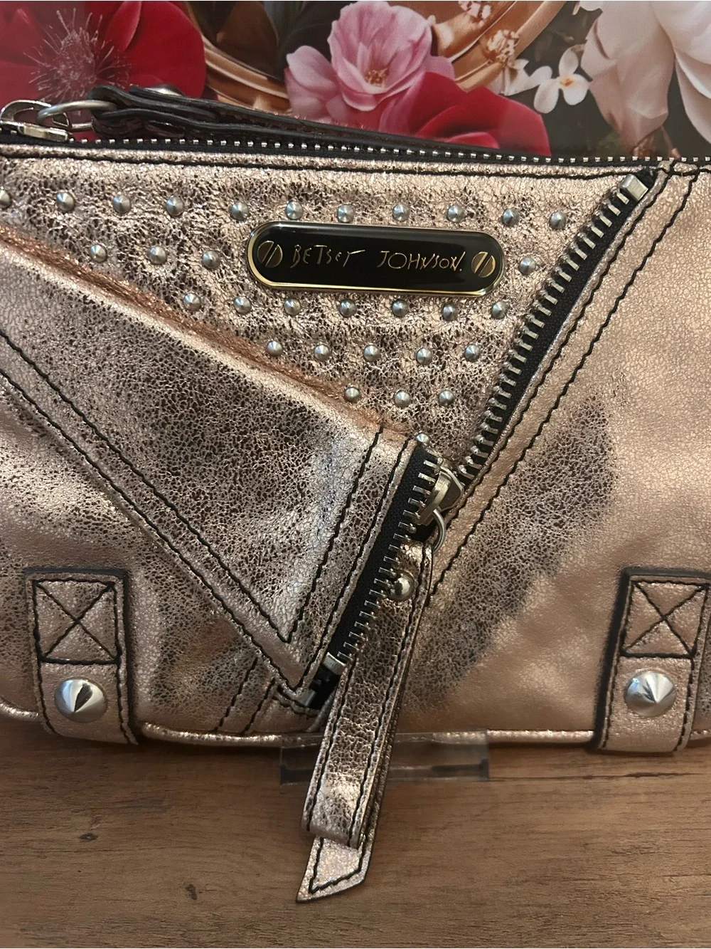 Betsey Johnson Metallic Rose Gold Wristlet Clutch